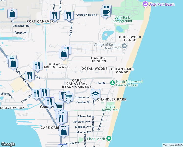 map of restaurants, bars, coffee shops, grocery stores, and more near 8711 Lantana Court in Cape Canaveral