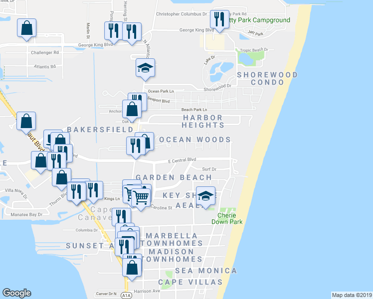 map of restaurants, bars, coffee shops, grocery stores, and more near 8710 Hibiscus Court in Cape Canaveral
