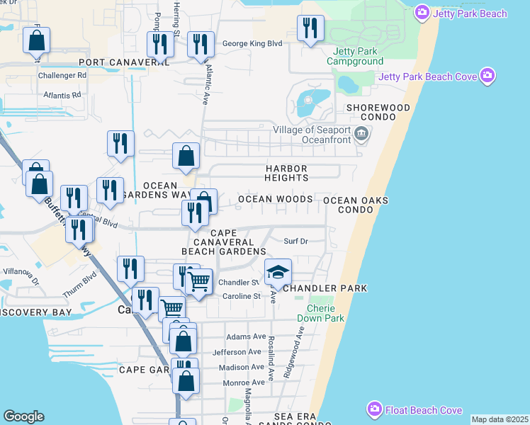 map of restaurants, bars, coffee shops, grocery stores, and more near 8712 Hibiscus Court in Cape Canaveral