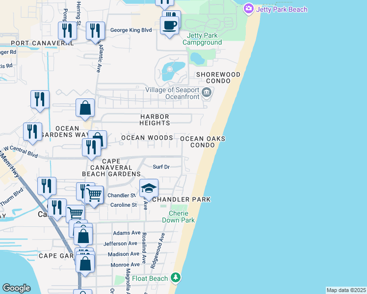 map of restaurants, bars, coffee shops, grocery stores, and more near 8600 Ridgewood Avenue in Cape Canaveral