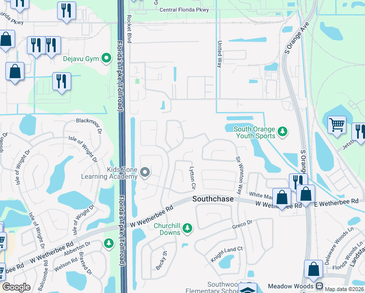 map of restaurants, bars, coffee shops, grocery stores, and more near 11637 Ashridge Place in Orlando