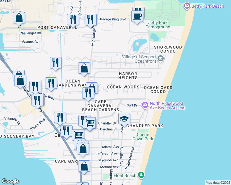 map of restaurants, bars, coffee shops, grocery stores, and more near 8709 Hibiscus Court in Cape Canaveral