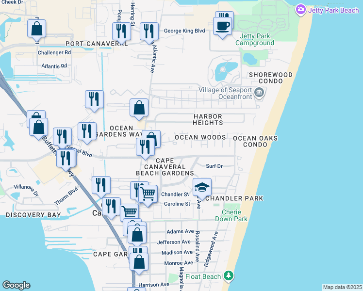 map of restaurants, bars, coffee shops, grocery stores, and more near 8739 Seagrape Court in Cape Canaveral