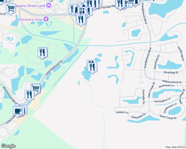 map of restaurants, bars, coffee shops, grocery stores, and more near 5925 Avenida Vista in Orlando