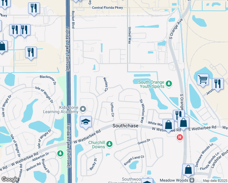map of restaurants, bars, coffee shops, grocery stores, and more near 373 Burleigh Street in Orlando