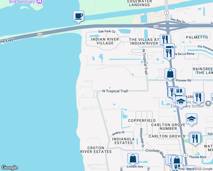 map of restaurants, bars, coffee shops, grocery stores, and more near 2235 North Tropical Trail in Merritt Island