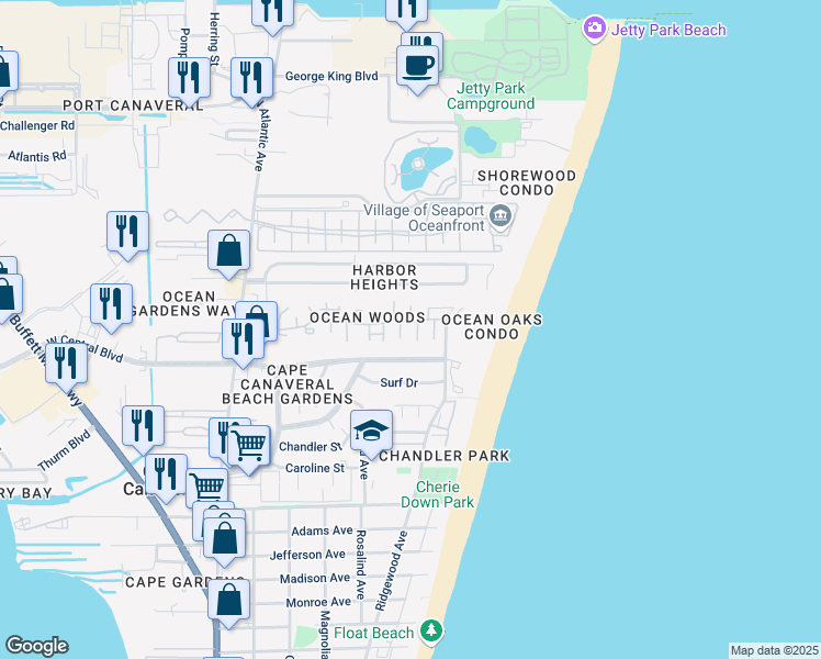 map of restaurants, bars, coffee shops, grocery stores, and more near 8753 Honeysuckle Way in Cape Canaveral