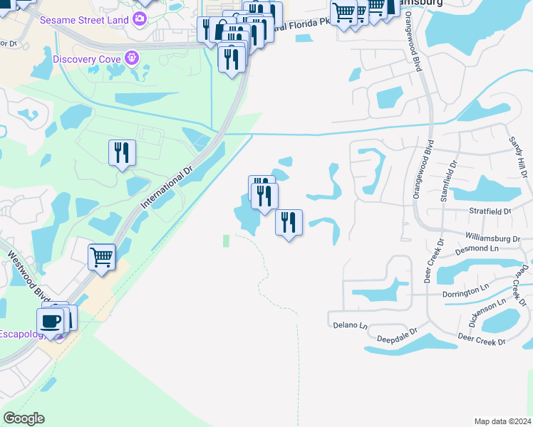 map of restaurants, bars, coffee shops, grocery stores, and more near CU-2A Avenida Vista in Orlando