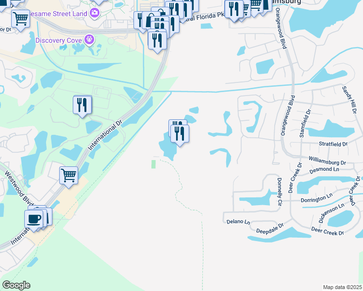map of restaurants, bars, coffee shops, grocery stores, and more near CU-2A Avenida Vista in Orlando