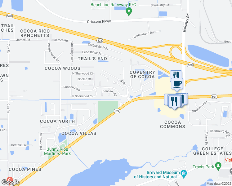 map of restaurants, bars, coffee shops, grocery stores, and more near 2956 Denham Road in Cocoa