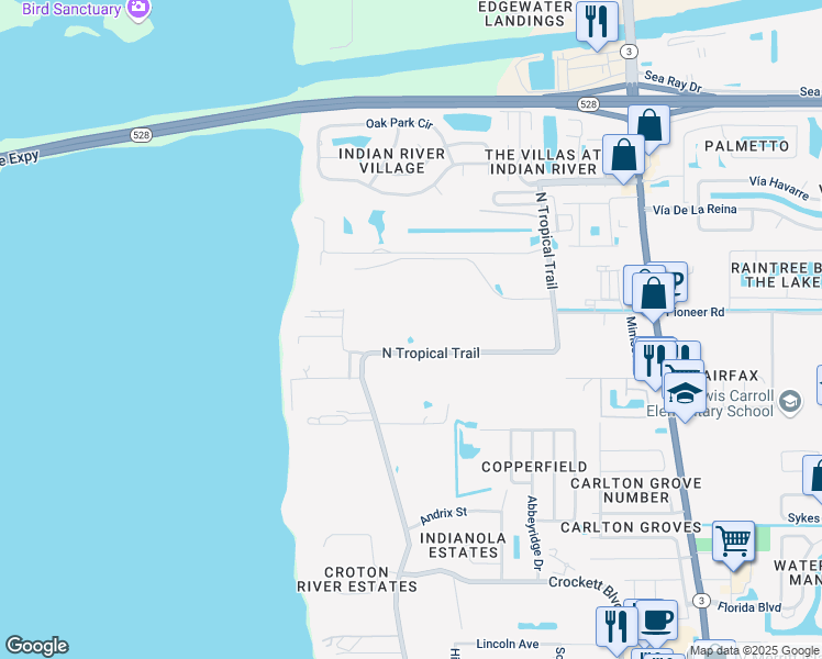 map of restaurants, bars, coffee shops, grocery stores, and more near 2235 North Tropical Trail in Merritt Island