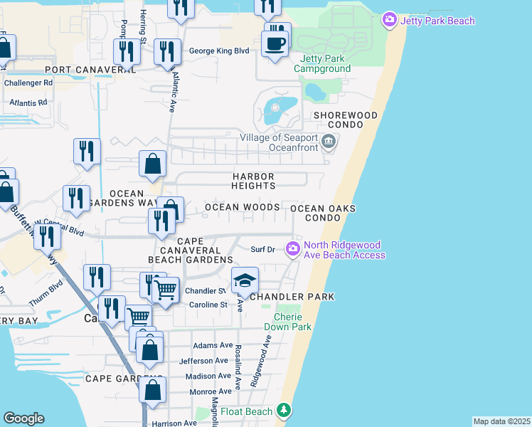 map of restaurants, bars, coffee shops, grocery stores, and more near 8716 Camelia Court in Cape Canaveral