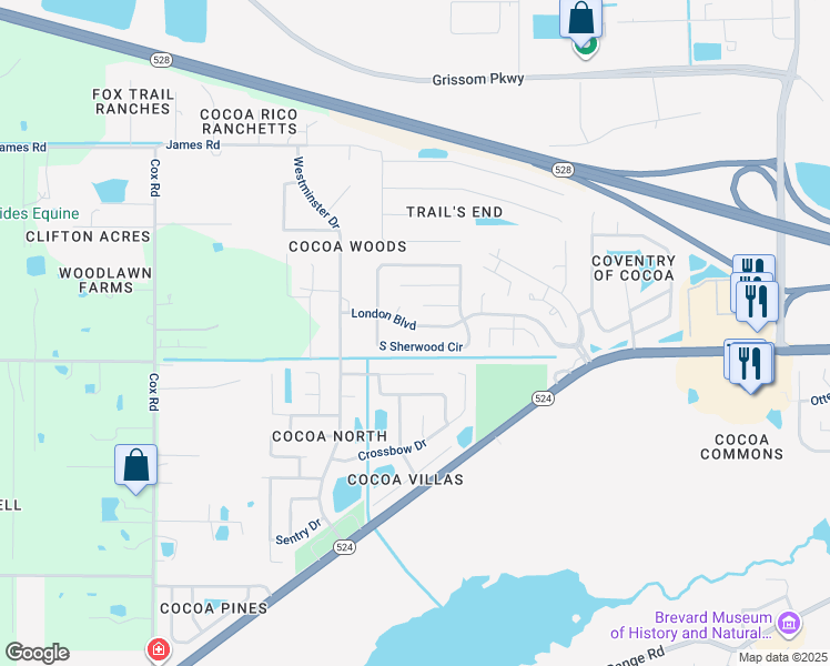 map of restaurants, bars, coffee shops, grocery stores, and more near 3709 London Boulevard in Cocoa