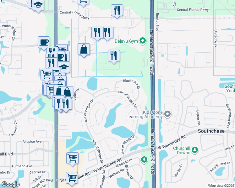 map of restaurants, bars, coffee shops, grocery stores, and more near 1732 Millbridge Court in Orlando
