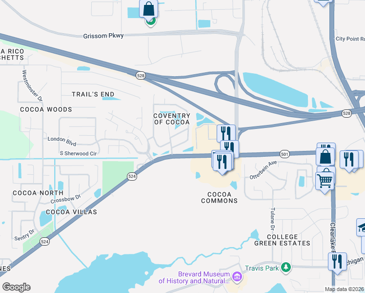 map of restaurants, bars, coffee shops, grocery stores, and more near 2735 Wentworth Place in Cocoa