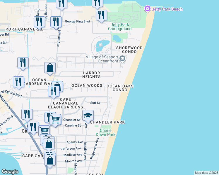 map of restaurants, bars, coffee shops, grocery stores, and more near 8774 Live Oak Court in Cape Canaveral
