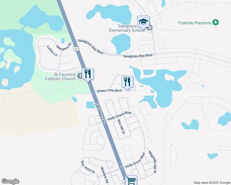 map of restaurants, bars, coffee shops, grocery stores, and more near 15843 Green Cove Boulevard in Clermont