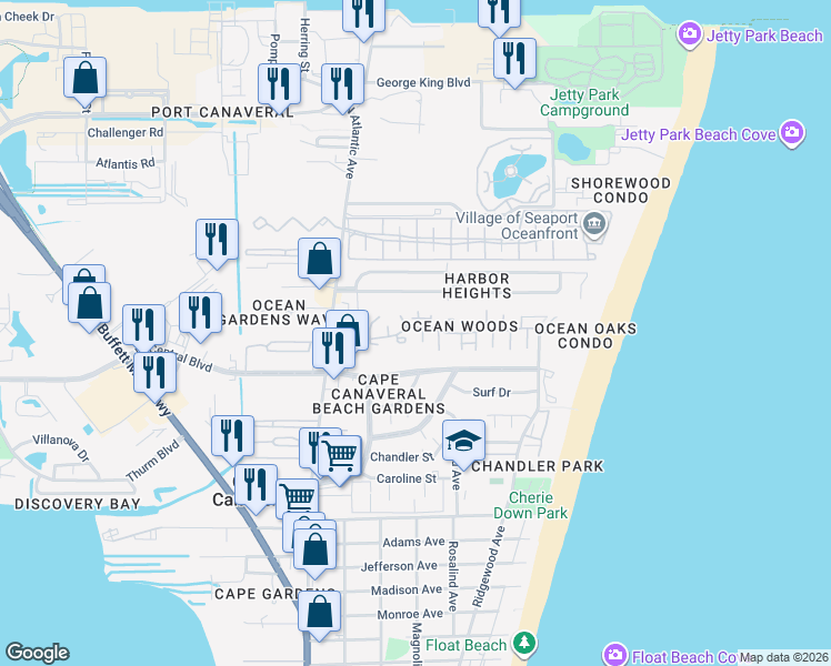 map of restaurants, bars, coffee shops, grocery stores, and more near 8749 Seagrape Court in Cape Canaveral