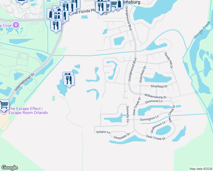 map of restaurants, bars, coffee shops, grocery stores, and more near 11612 Peach Grove Lane in Orlando