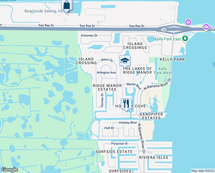 map of restaurants, bars, coffee shops, grocery stores, and more near 2275 Chevalier Place in Merritt Island