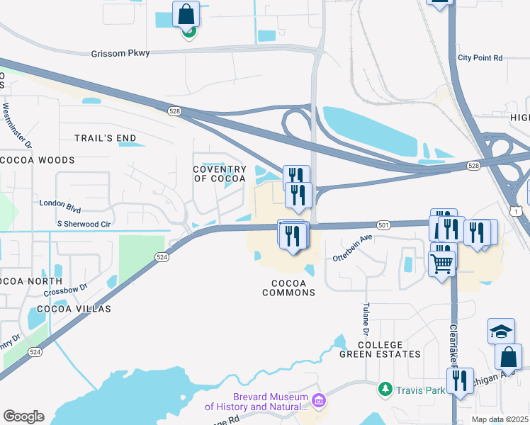 map of restaurants, bars, coffee shops, grocery stores, and more near 2324 Florida 524 in Cocoa