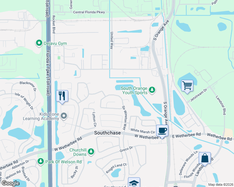 map of restaurants, bars, coffee shops, grocery stores, and more near 11779 Sir Winston Way in Orlando