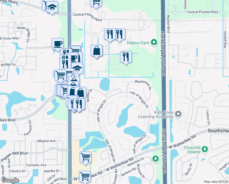 map of restaurants, bars, coffee shops, grocery stores, and more near 11558 Grazeley Court in Orlando