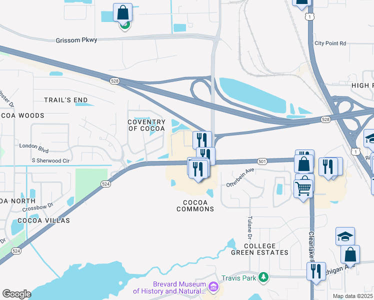 map of restaurants, bars, coffee shops, grocery stores, and more near 3070 Cirrus Drive in Cocoa