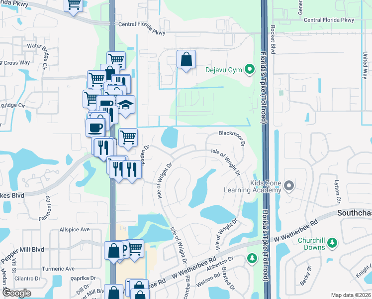 map of restaurants, bars, coffee shops, grocery stores, and more near 11558 Grazeley Court in Orlando