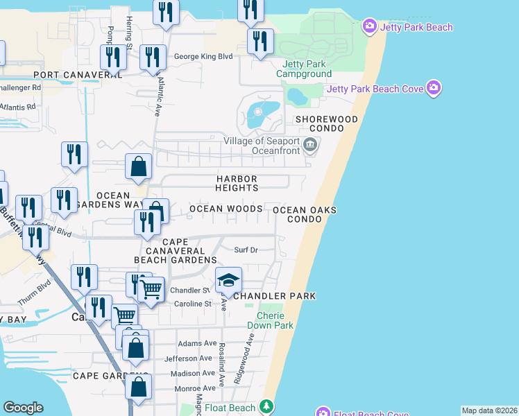 map of restaurants, bars, coffee shops, grocery stores, and more near 8753 Live Oak Court in Cape Canaveral