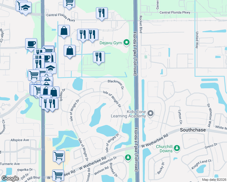 map of restaurants, bars, coffee shops, grocery stores, and more near 1711 Chisbury Court in Orlando