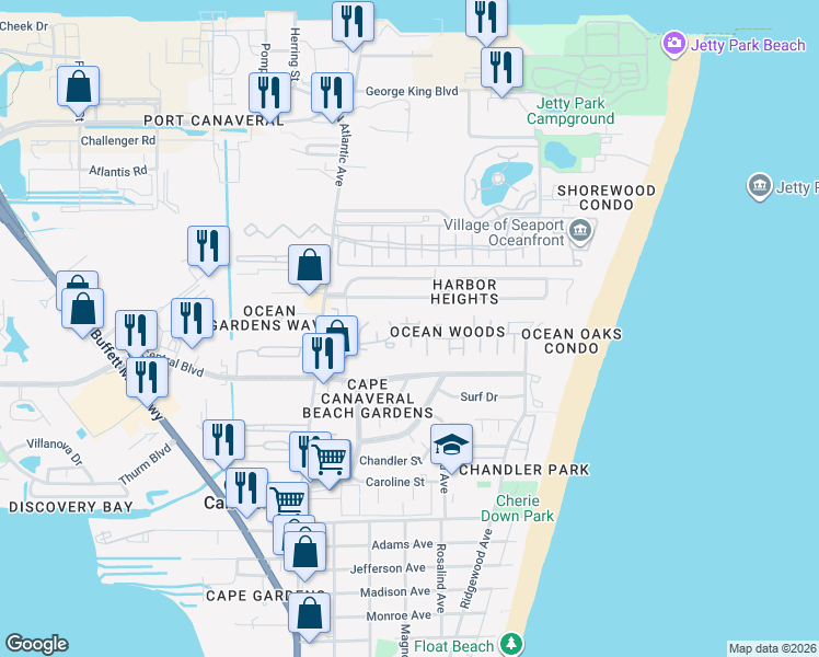 map of restaurants, bars, coffee shops, grocery stores, and more near 8751 Cocoa Court in Cape Canaveral