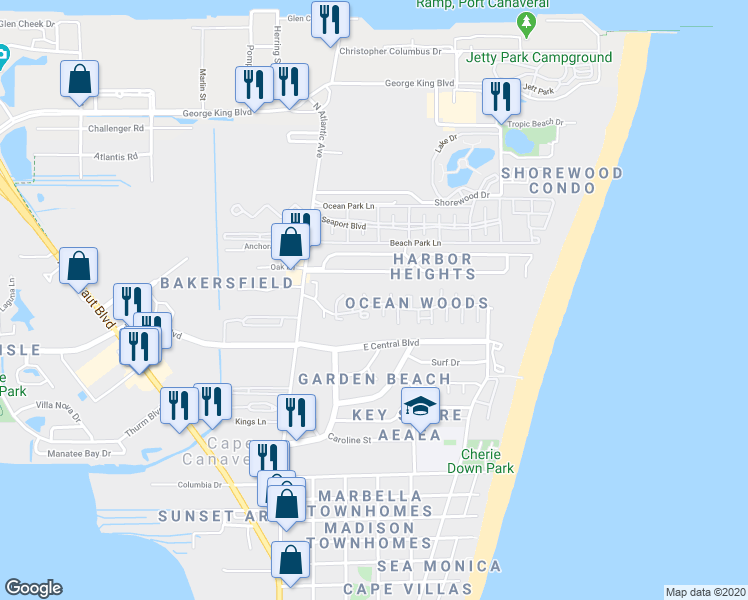 map of restaurants, bars, coffee shops, grocery stores, and more near 8765 Cocoa Court in Cape Canaveral