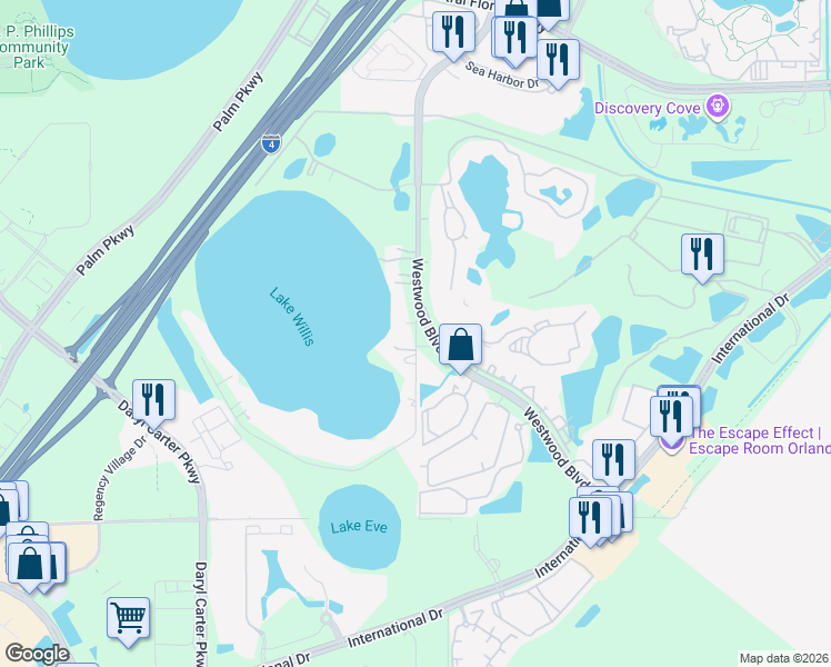 map of restaurants, bars, coffee shops, grocery stores, and more near 7444 Lake Willis Drive in Orlando