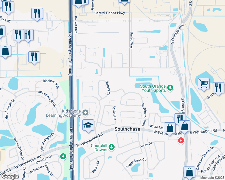 map of restaurants, bars, coffee shops, grocery stores, and more near 373 Burleigh Street in Orlando