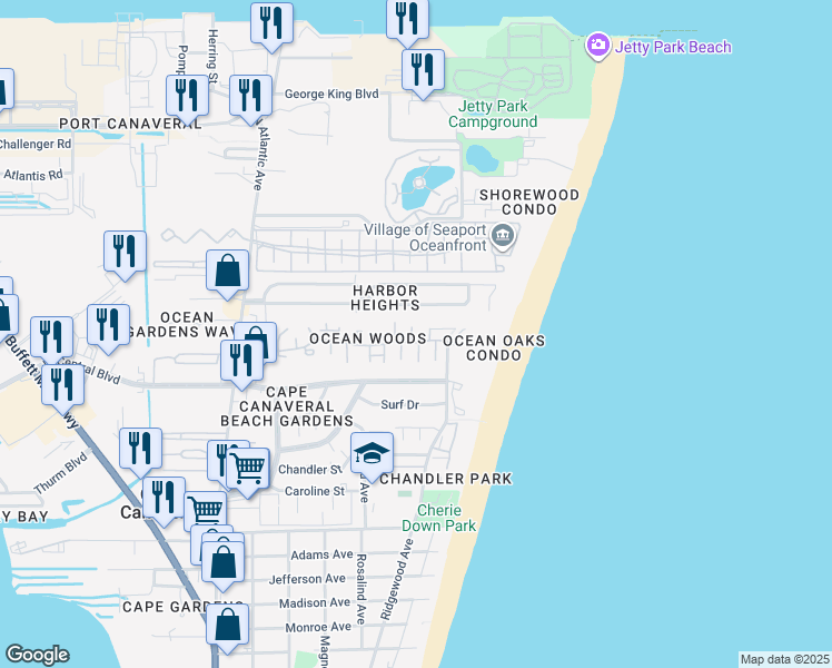 map of restaurants, bars, coffee shops, grocery stores, and more near 8753 Honeysuckle Way in Cape Canaveral