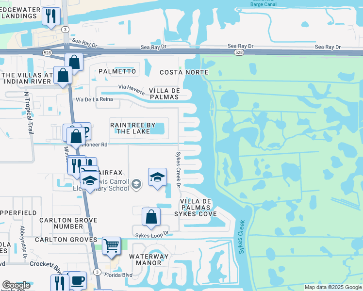 map of restaurants, bars, coffee shops, grocery stores, and more near 2320 Sykes Creek Drive in Merritt Island