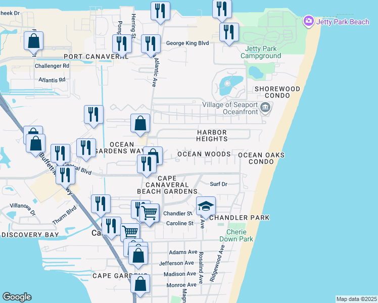 map of restaurants, bars, coffee shops, grocery stores, and more near 8751 Cocoa Court in Cape Canaveral