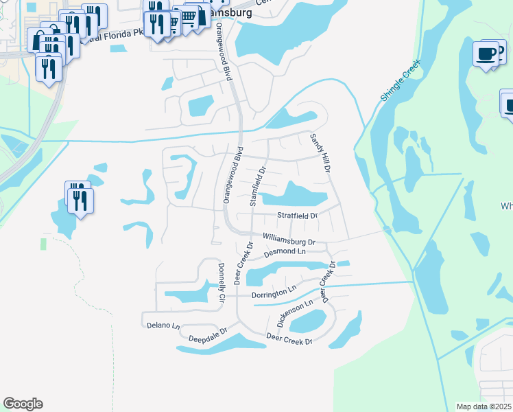 map of restaurants, bars, coffee shops, grocery stores, and more near 11719 Stamfield Drive in Orlando