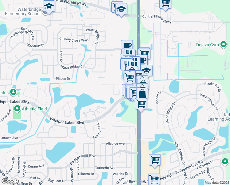 map of restaurants, bars, coffee shops, grocery stores, and more near 11533 Purple Lilac Circle in Orlando