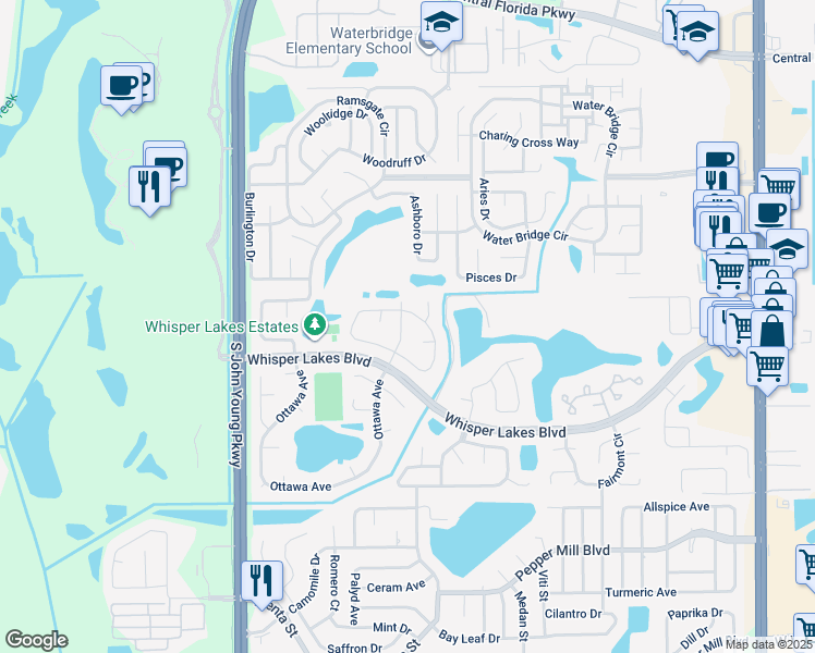 map of restaurants, bars, coffee shops, grocery stores, and more near 11613 Ottawa Avenue in Orlando