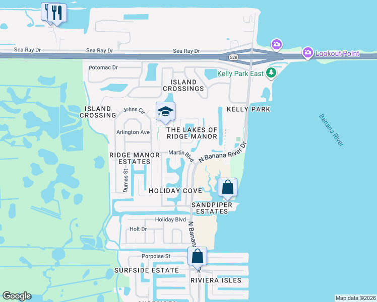map of restaurants, bars, coffee shops, grocery stores, and more near 1500 Martin Boulevard in Merritt Island