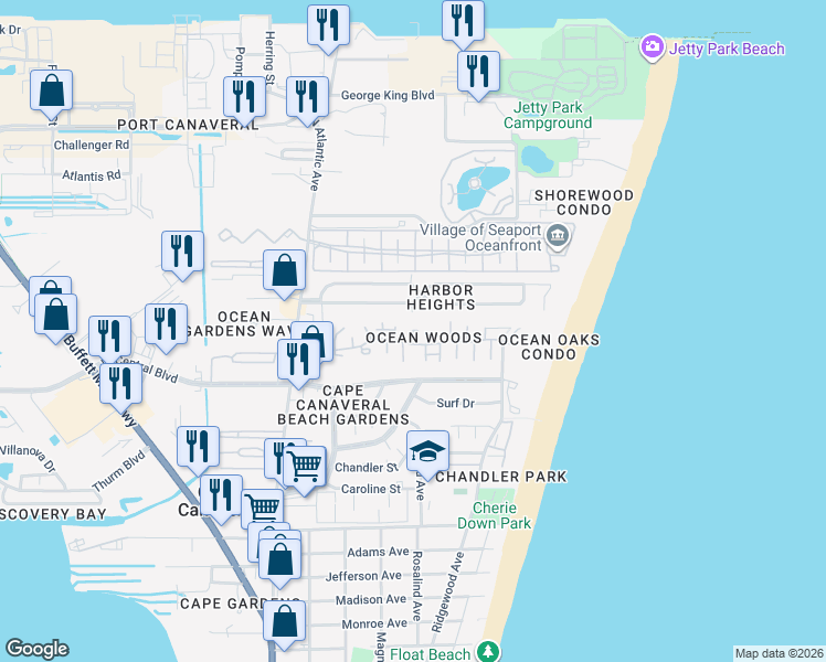 map of restaurants, bars, coffee shops, grocery stores, and more near 8700 Oleander Court in Cape Canaveral