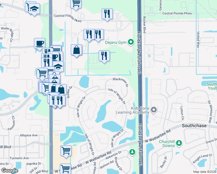 map of restaurants, bars, coffee shops, grocery stores, and more near 1732 Millbridge Court in Orlando