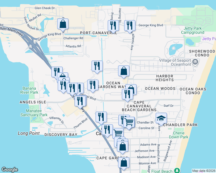 map of restaurants, bars, coffee shops, grocery stores, and more near 143 Ocean Garden Lane in Cape Canaveral