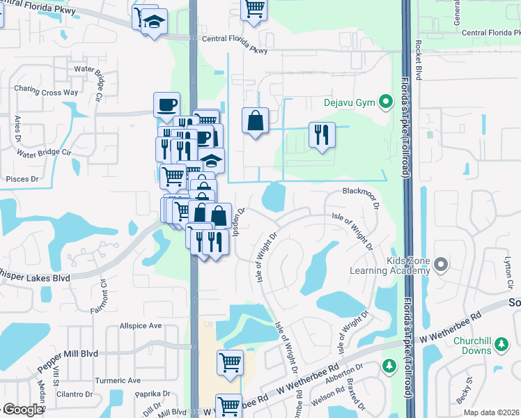 map of restaurants, bars, coffee shops, grocery stores, and more near 2043 Ipsden Drive in Orlando