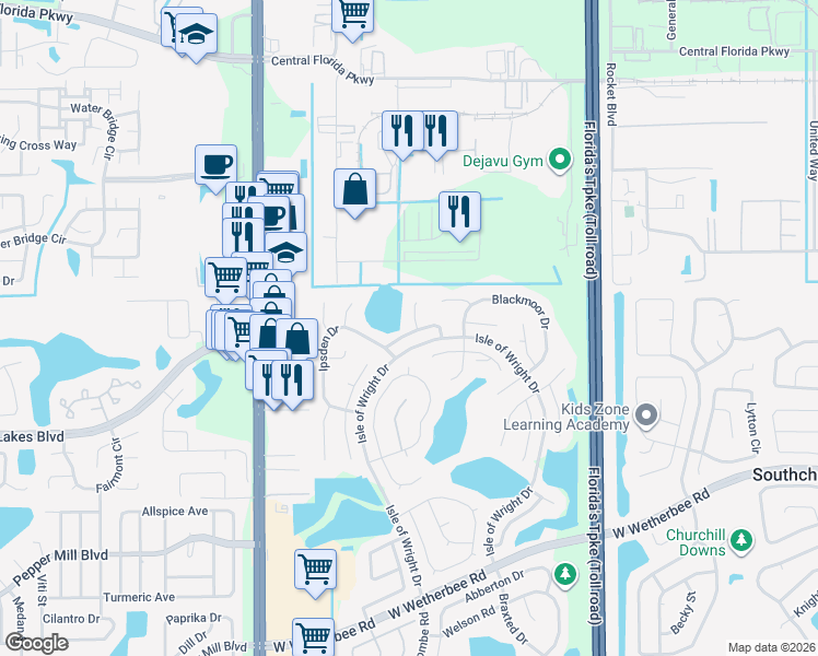 map of restaurants, bars, coffee shops, grocery stores, and more near 11558 Grazeley Court in Orlando