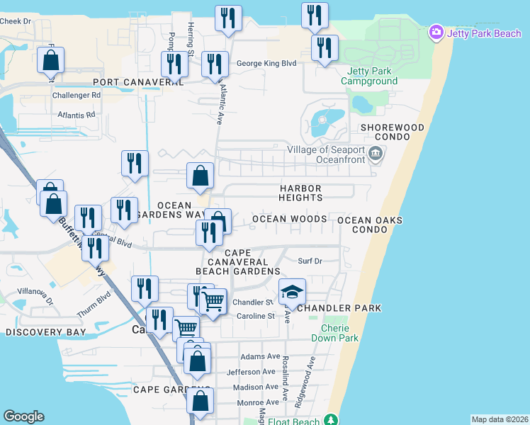 map of restaurants, bars, coffee shops, grocery stores, and more near 8751 Cocoa Court in Cape Canaveral