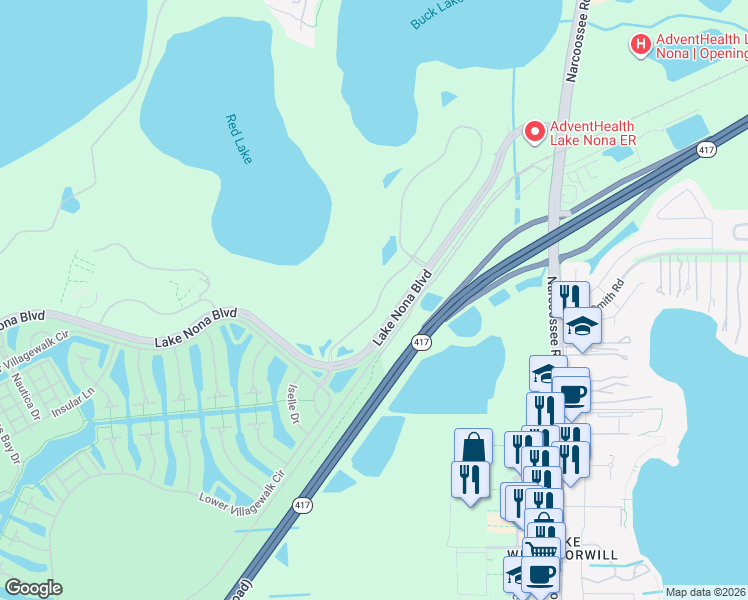 map of restaurants, bars, coffee shops, grocery stores, and more near 11711 Savona Way in Orlando