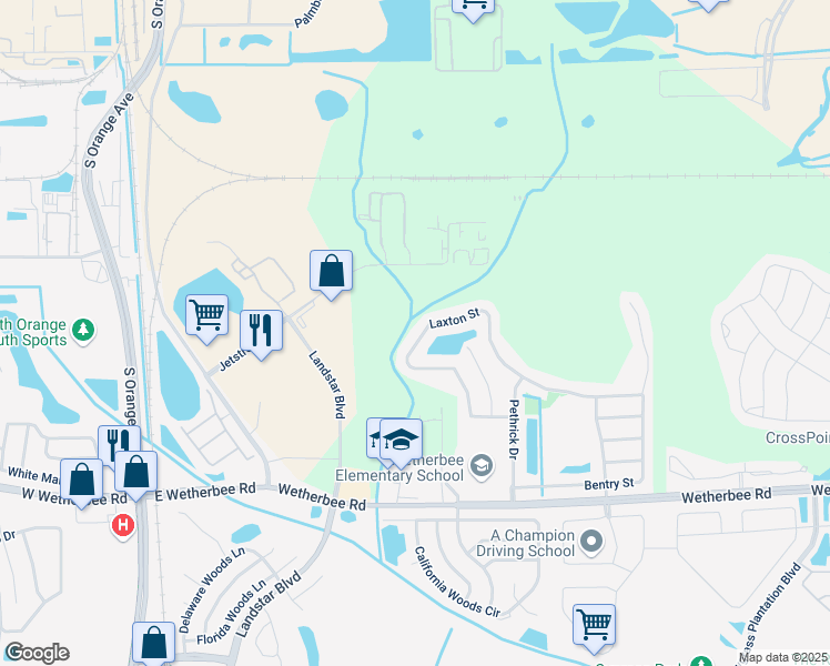 map of restaurants, bars, coffee shops, grocery stores, and more near 10455 Laxton Street in Orlando
